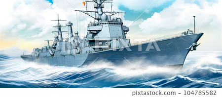 a battleship in the waters of the sea, military navy ship, banner made with Generative AI 104785582