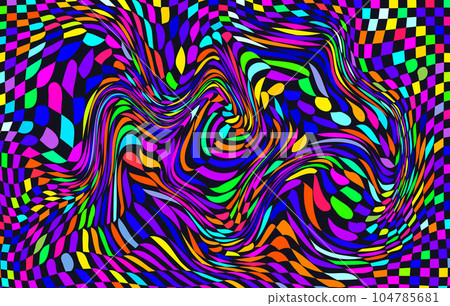 Distorted neon checkered pattern. Abstract euphoria. Hallucination in consciousness 104785681