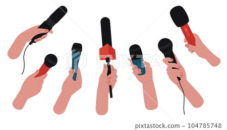 Hands holding microphones, vintage microphone for record. Broadcasting or interview, audio recording equipment. Decent journalist vector set 104785748