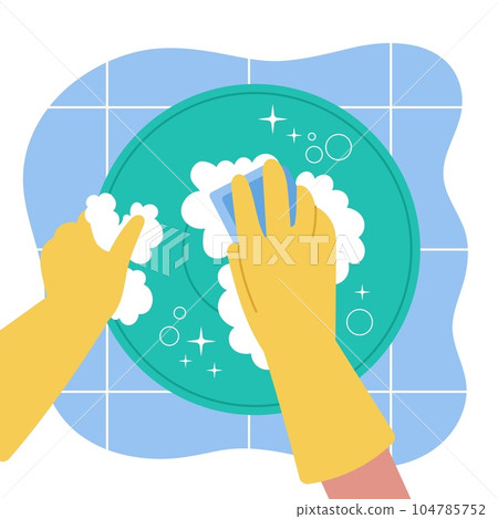 Cleaning food plate, clean dish in kitchen sink with foam. Hands in rubber gloves with sponge, house work. Crockery detergent decent vector scene 104785752