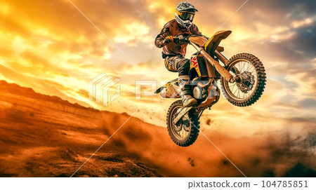 motocross, biker jumps on a dune in the desert at sunset, copy space made with Generative AI 104785851