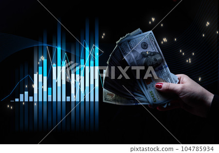 Holographic graph with growing indicators and a woman's hand. Business growth concept, profitable startup, profitable business strategy, sales increase. High performance Holographic graph with growing indicators and a woman's hand. Business growth concept, profitable startup, profitable business strategy, sales increase. High performance 104785934