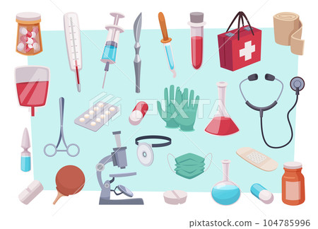 Medical tools. Drugs and pills for healthcare people antibiotic pharmacy industry medical items exact vector templates in cartoon style Medical tools. Drugs and pills for healthcare people antibiotic pharmacy industry medical items exact vector templates in cartoon style 104785996