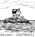 black and white vector ink illustration of small wooden house near the sea 104786031