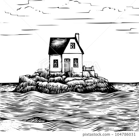 black and white vector ink illustration of small wooden house near the sea black and white vector ink illustration of small wooden house near the sea 104786031