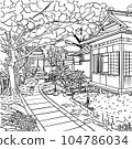 black and white vector ink illustration of small wooden house in Japanese style with garden 104786034