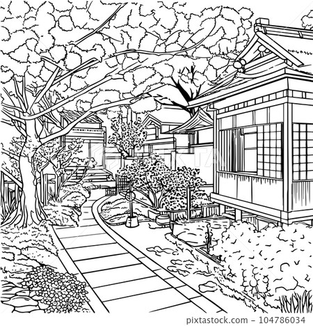 black and white vector ink illustration of small wooden house in Japanese style with garden black and white vector ink illustration of small wooden house in Japanese style with garden 104786034