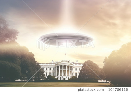 Alien UFO spaceship fly above White House government of USA with sun light. Generative AI 104786116
