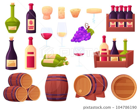Cartoon wine elements, bottles, glasses and wooden boxes. Cellar equipment, vintage drinking production. Vineyard farm nowaday vector clipart Cartoon wine elements, bottles, glasses and wooden boxes. Cellar equipment, vintage drinking production. Vineyard farm nowaday vector clipart 104786190
