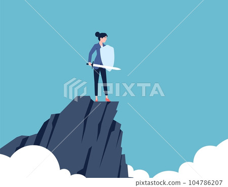Female warrior. Business woman stand on mountain rock and hold shield and sword. Leadership, protect and security, business recent vector scene Female warrior. Business woman stand on mountain rock and hold shield and sword. Leadership, protect and security, business recent vector scene 104786207