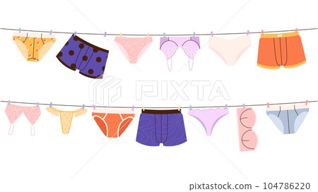 Underwear on rope. Male female panties and bras hanging on clothesline, lingerie washing set. Cartoon fashion underpants vector elements Underwear on rope. Male female panties and bras hanging on clothesline, lingerie washing set. Cartoon fashion underpants vector elements 104786220