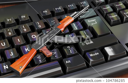 Assault rifle on computer keyboard concept, 3D rendering Assault rifle on computer keyboard concept, 3D rendering 104786285