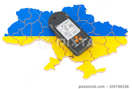 Ukrainian map with radiation dosimeter, 3D rendering 104786286