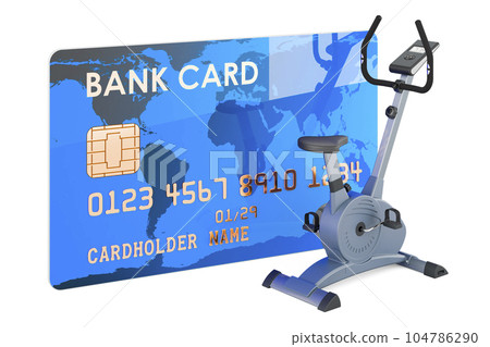 Exercise bike with credit card, 3D rendering Exercise bike with credit card, 3D rendering 104786290