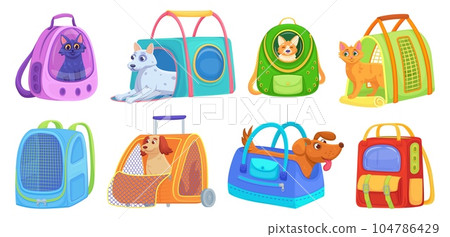 Pet carriers. Pets carriages for animal convenience in journey, travel crate of dog or cat traveller, portable container with cage plane transportation, decent vector illustration 104786429