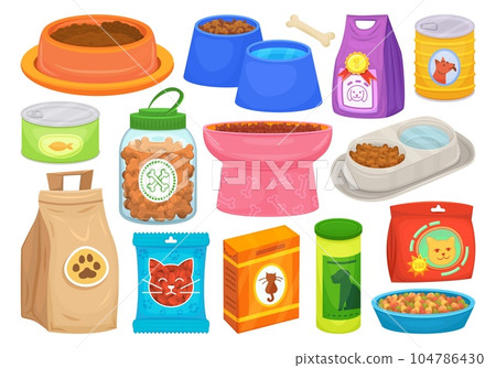 Pet feed treats. Pet food packaging and bowl plate for feeding domestic animals, dog or cat snack bones variety product canine feline nutrition store, decent vector illustration 104786430