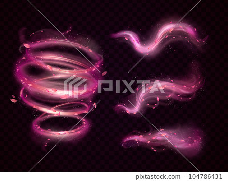 Realistic pink wind. Flying rose petals flower fragrance magic whirlwind of cherry tree or sakura blossom, fresh floral glitter air vortex falling petal, exact vector illustration 104786431