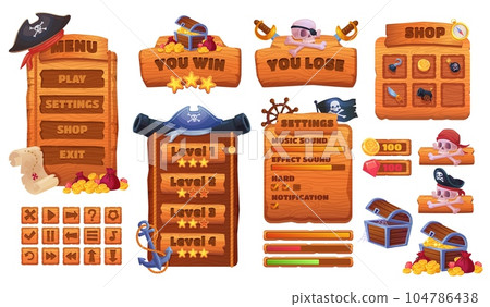 Pirate game interface. Pirates timber frame with button for gaming apps or casino slot games store, wooden ui adventure elements old-pirate-collection ingenious vector illustration Pirate game interface. Pirates timber frame with button for gaming apps or casino slot games store, wooden ui adventure elements old-pirate-collection ingenious vector illustration 104786438