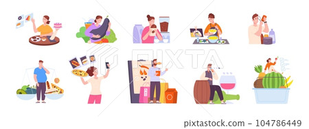 People culinary products. Customer quality food tasting, man eating cooked taste dinner on kitchen table, woman eat candy sour or spicy different meal splendid vector illustration 104786449