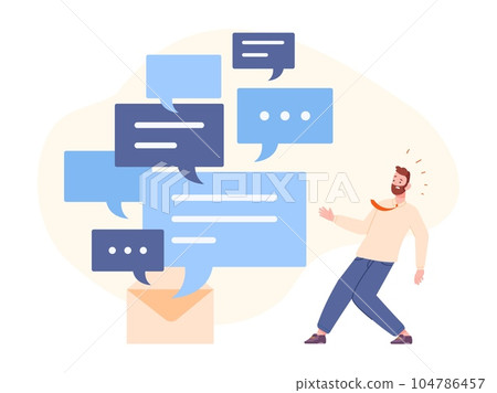Manychat problem. Confused businessman client overwhelmed many messages bubbles, excess information pressure concept, email spam Manychat problem. Confused businessman client overwhelmed many messages bubbles, excess information pressure concept, email spam 104786457