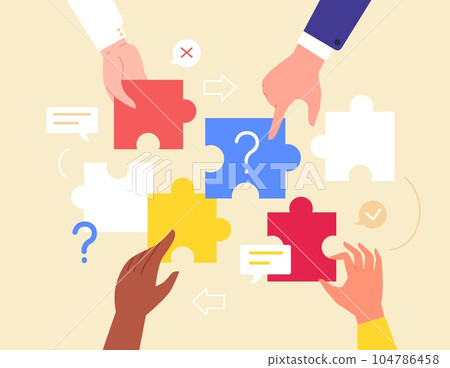 Hands jigsaw solution. People cartoon hand hold connected puzzle piece combination together, search solved mosaic best science team, employee teamwork concept vector illustration Hands jigsaw solution. People cartoon hand hold connected puzzle piece combination together, search solved mosaic best science team, employee teamwork concept vector illustration 104786458