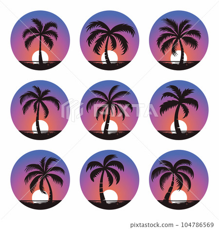 Vector Palm Trees, Palm Tree Icon Set Isolated. Palm Silhouettes on Sunset Background. Design Template for Tropical, Vacation, Beach, Summer Concept. Vector Illustration. Front View Vector Palm Trees, Palm Tree Icon Set Isolated. Palm Silhouettes on Sunset Background. Design Template for Tropical, Vacation, Beach, Summer Concept. Vector Illustration. Front View 104786569