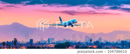 a plane taking off into the clouds with a city skyline in the background, made with Generative AI a plane taking off into the clouds with a city skyline in the background, made with Generative AI 104786610