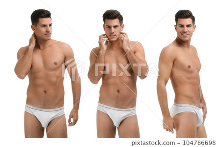 Collage of man in underwear on white background 104786698