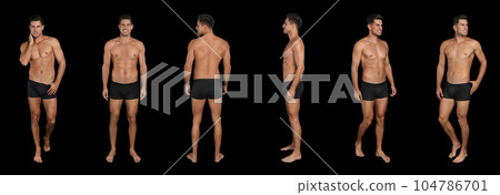 Collage of man in underwear on black background. Banner design Collage of man in underwear on black background. Banner design 104786701