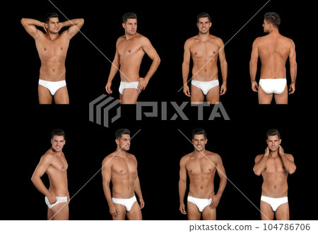 Collage of man in underwear on black background Collage of man in underwear on black background 104786706