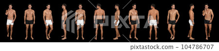 Collage of man in underwear on black background. Banner design 104786707