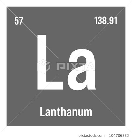 Lanthanum, La, periodic table element with name, symbol, atomic number and weight. Rare earth metal with various industrial uses, such as in lighting, batteries, and as a component in certain alloys. 104786883
