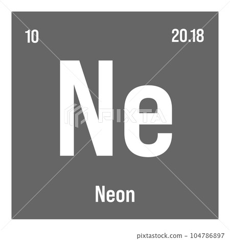 Neon, Ne, periodic table element with name, symbol, atomic number and weight. Inert gas with various industrial uses, such as in lighting, lasers, and as a filling gas in certain types of insulation. Neon, Ne, periodic table element with name, symbol, atomic number and weight. Inert gas with various industrial uses, such as in lighting, lasers, and as a filling gas in certain types of insulation. 104786897