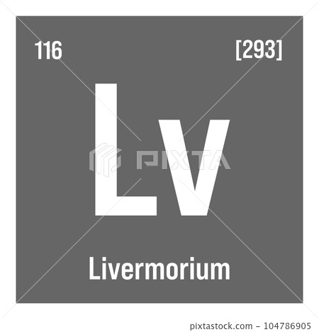 Livermorium, Lv, periodic table element with name, symbol, atomic number and weight. Synthetic element with very short half-life, created through nuclear reactions in a laboratory. Livermorium, Lv, periodic table element with name, symbol, atomic number and weight. Synthetic element with very short half-life, created through nuclear reactions in a laboratory. 104786905