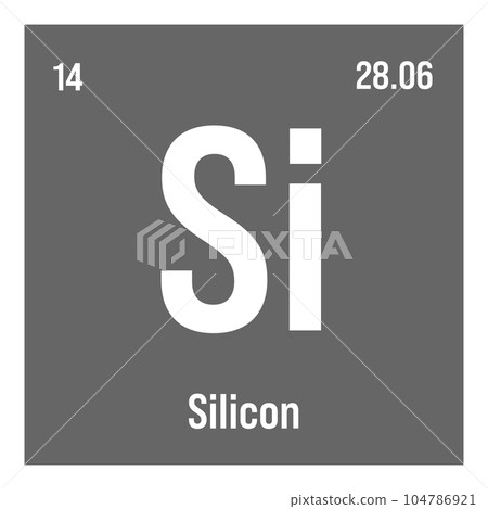 Silicon, Si, periodic table element with name, symbol, atomic number and weight. Non-metal with various industrial uses, such as in electronics, construction, and as a component in certain types of Silicon, Si, periodic table element with name, symbol, atomic number and weight. Non-metal with various industrial uses, such as in electronics, construction, and as a component in certain types of 104786921