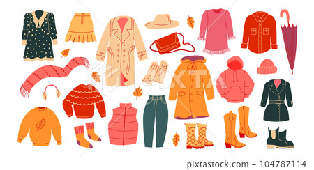 Women capsule autumn wardrobe. Casual clothes. Autumn, winter apparels, shoes and accessories. 104787114