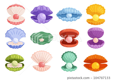 Set of Natural Seashells Housing A Lustrous Pearls, A Rare And Beautiful Treasure Of The Ocean, Radiating Elegance 104787133