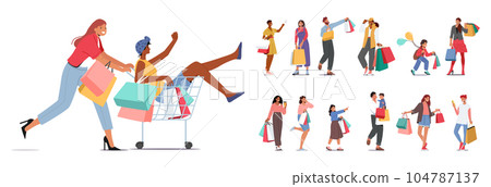 Set of Character Carrying Shopping Bags, Symbolizing Consumerism And Retail Therapy. People Purchasing Goods 104787137