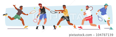 Men Compete Fiercely On Tennis Court, Displaying Agility, Skill, And Strategic Prowess. Male Characters Serves Men Compete Fiercely On Tennis Court, Displaying Agility, Skill, And Strategic Prowess. Male Characters Serves 104787139