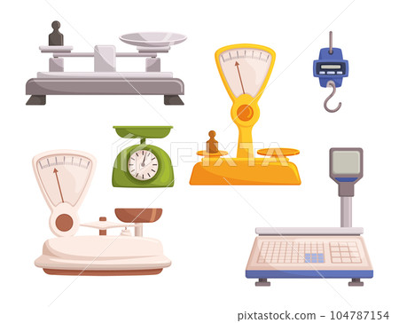 Set Of Vector Store Scales, Mechanical And Electronic Tools For Accurately Measuring And Weighing Goods In Retail 104787154
