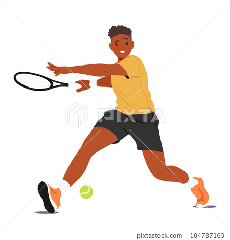 Black Man Character Gracefully Swings Racket, Skillfully Maneuvering The Tennis Ball Across The Court Displaying Agility Black Man Character Gracefully Swings Racket, Skillfully Maneuvering The Tennis Ball Across The Court Displaying Agility 104787163