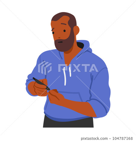 Diabetic Man Character Uses Pen On Finger For Blood Glucose Testing, Ensuring Accurate Monitoring Of His Glucose Levels 104787168