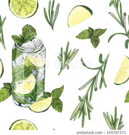 Watercolor seamless pattern, cocktail glasses:mojito,tequila, lime,matcha,cucumber. Hand-drawn illustration isolated on white background. Perfect for recipe lists with alcoholic drinks, for cafe 104787371