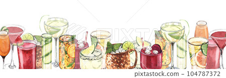Watercolor banner seamless cocktail glasses: martini, gin,margarita,mojito,moscow mule. Hand-drawn illustration isolated on white background. Perfect for recipe lists with alcoholic drinks, for cafe 104787372