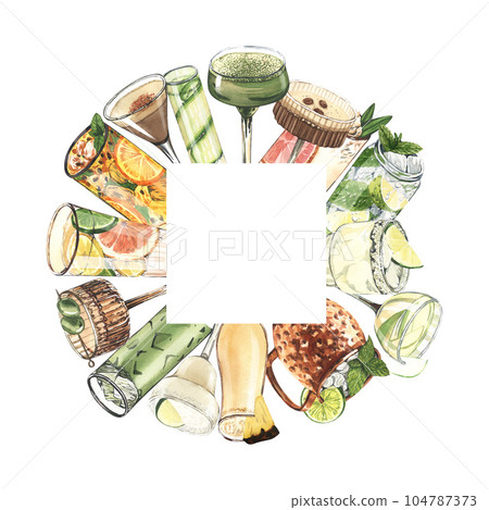 Watercolor circle frame, cocktail glasses: martini, gin,margarita,mojito,liquor,rum,moscow mule. Hand-drawn illustration isolated on white background. Perfect for recipe lists with alcoholic drinks 104787373