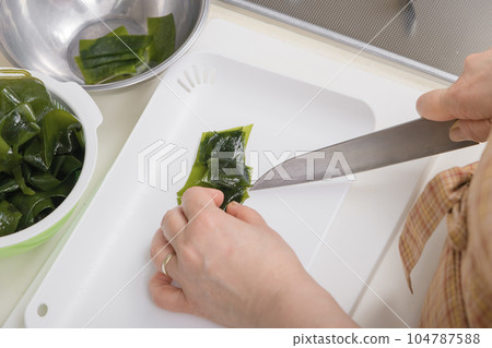 [Housewife cooking raw seaweed] 104787588