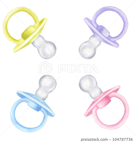 Set baby boy girl pacifier dummy. Pink blue violet green. Hand drawn watercolor illustration isolated on white background. Newborn, baby shower, gender reveal party Set baby boy girl pacifier dummy. Pink blue violet green. Hand drawn watercolor illustration isolated on white background. Newborn, baby shower, gender reveal party 104787736