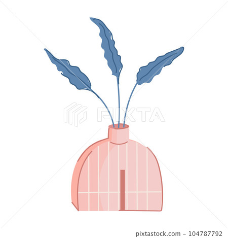 Ceramic pink vase with exotic tropical leaves. 104787792