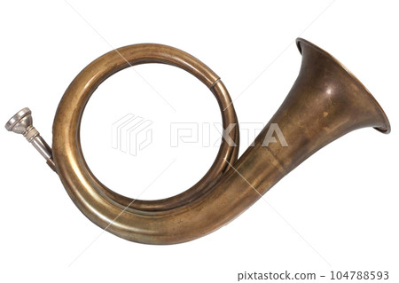 Vintage brass hunting horn isolated on a white Vintage brass hunting horn isolated on a white 104788593