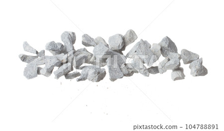 Rock gravel fly explosion fall, gray stone pebbles rock explode abstract cloud fly. Construction rock stone splash in air, object design. White background isolated freeze shot, selective focus blur 104788891